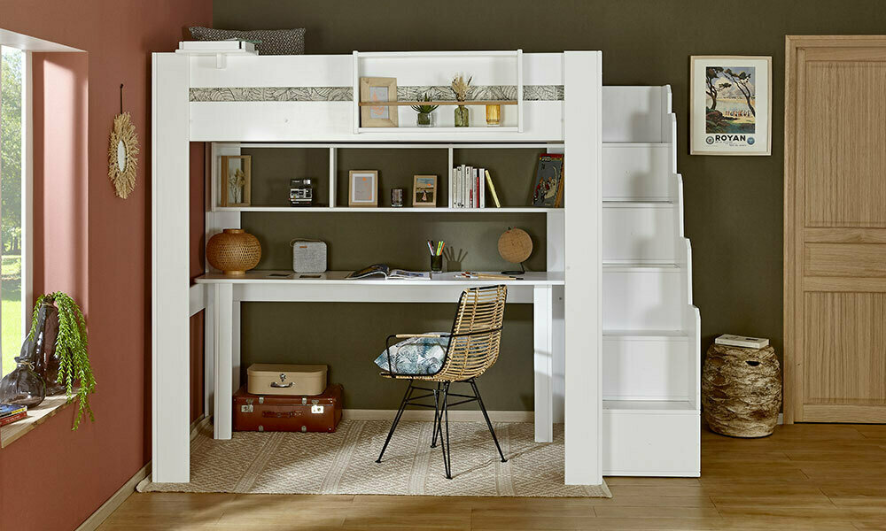 Lit Mezzanine 1 Place Avec Bureau Et étagères - Bois Pin, Couleur Crème, Très Bon état