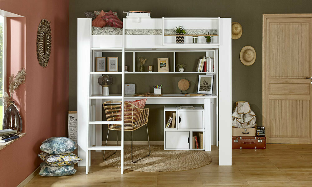 Lit Mezzanine Ado Maverick 200x200 cm avec Escalier et Bureau en Bois