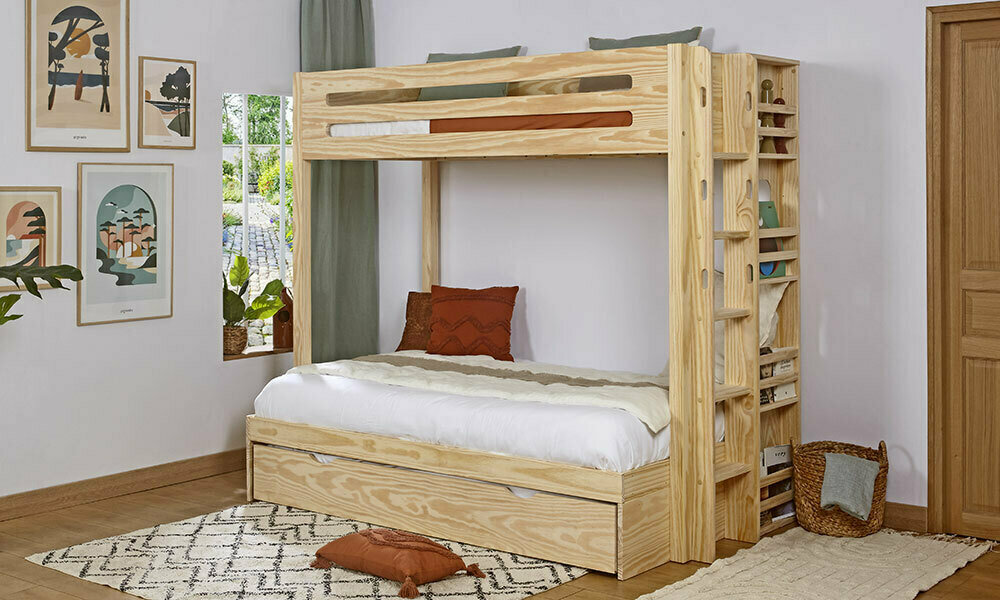 Lit Superposé 2 à 3 Places Avec 5 Tiroirs – Bois Blanc, Matelas 120x200 Inclus