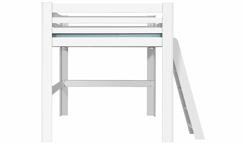 Lit mezzanine blanc 200x200 de côté avec échelle à droite avec lot de garde corps en option