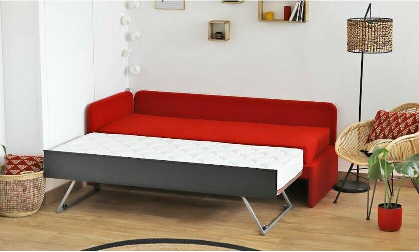 Banquette lit gigogne Debo ouverte noir et rouge