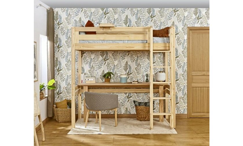 Lit mezzanine 1 place Adam bois naturel avec bureau en option