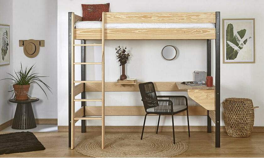 Lit mezzanine Douglas noir et bois en pin massif (bureau relevable en option)