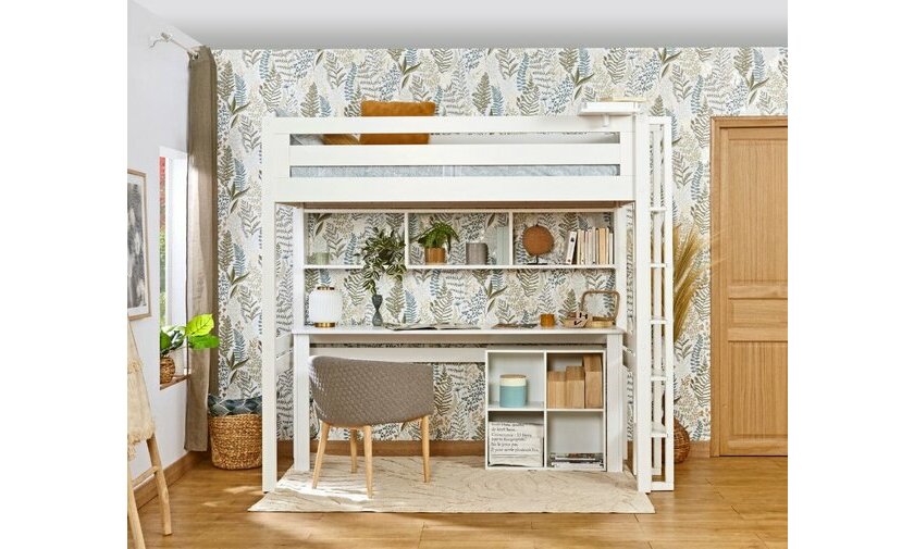 Lit mezzanine Adam blanc avec bureau et rangements en option