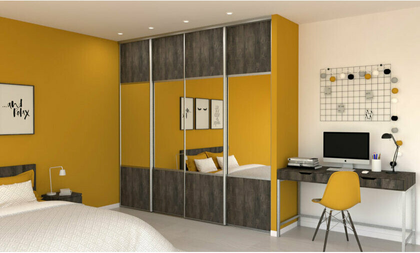 Porte de placard 4 ventaux bois brut fonc et miroir