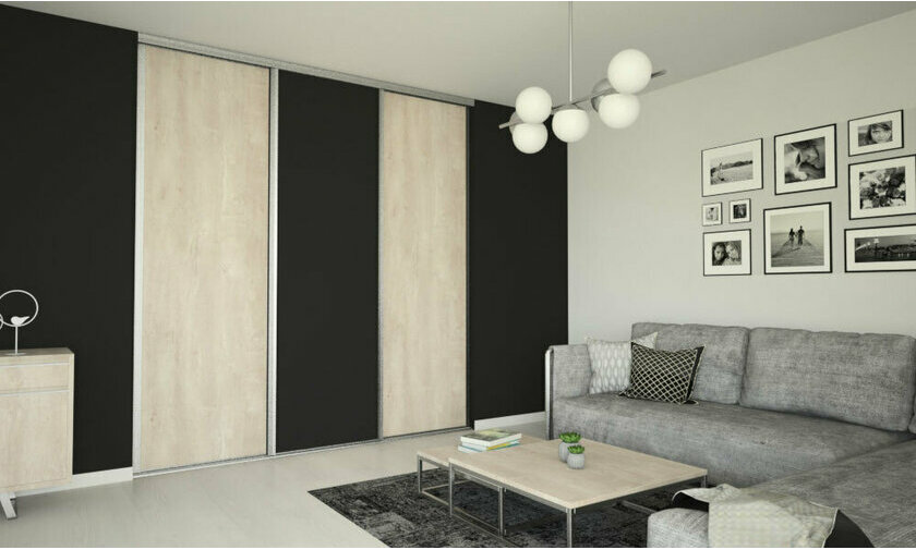 Porte de placard coulissante en aluminium 3 vantaux Délos, une porte noire, 2 portes décor chêne brossé clair