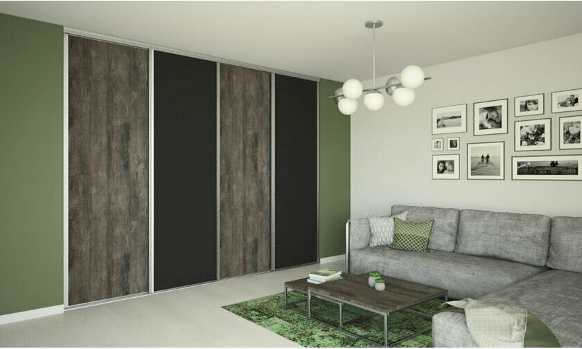 Porte de placard coulissante en aluminium Dlos- 4 Vantaux, 2 portes noires 2 portes dcor bois brut fonc