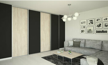 Porte de placard coulissante en aluminium Dlos- 4 Vantaux, 2 portes noires 2 portes dcor chne bross clair