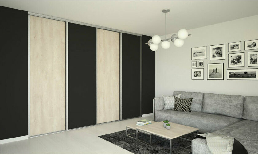 Porte de placard coulissante en aluminium Dlos- 4 Vantaux, 2 portes noires 2 portes dcor chne bross clair