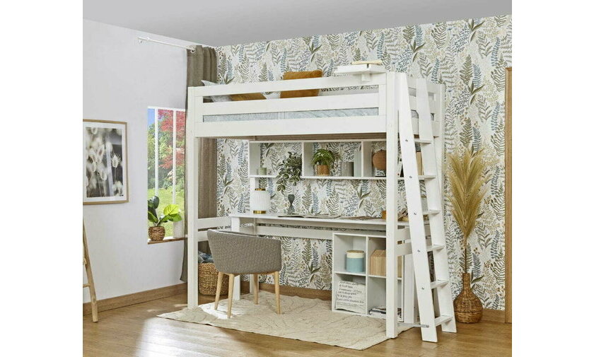 Lit mezzanine Abel blanc avec bureau (rangements en option)