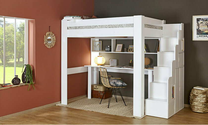 Lit mezzanine blanc avec bureau en option