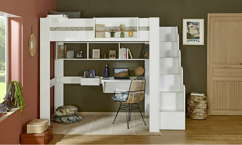 Lit mezzanine blanc avec accessoires de rangement Kirk en option