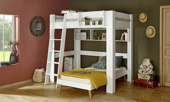 Pack lit mezzanine échelle 2 places Paros blanc avec lit + matelas