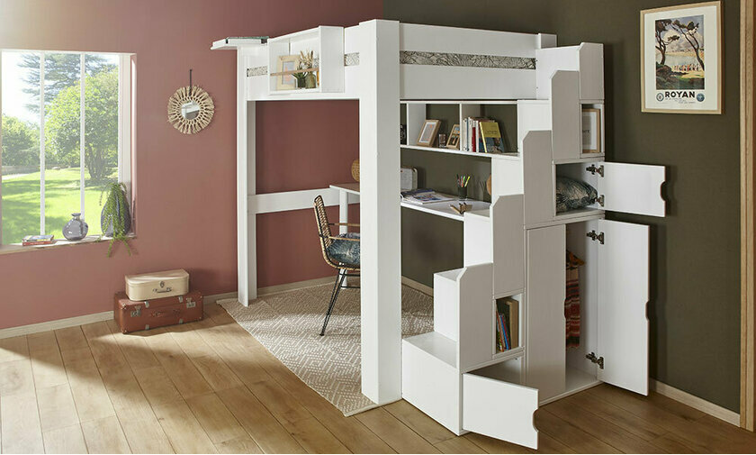 Lit mezzanine blanc avec module escalier et rangements intgrs