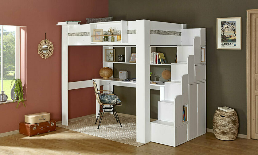 Lit mezzanine blanc 2 places avec bureau intgr