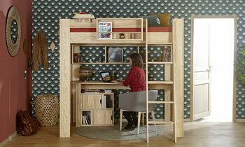 Lit mezzanine Paros double bois naturel avec bureau 