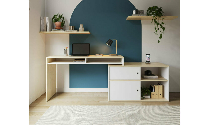Bureau en longueur Isono blanc et bois