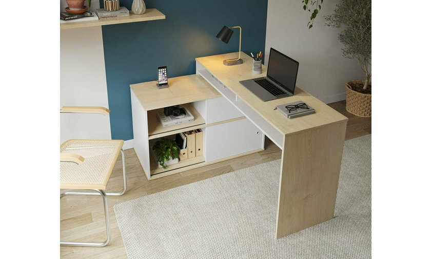 Bureau d'angle Isono blanc et bois