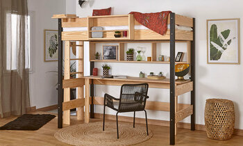 Lit mezzanine Donnell bois et noir (bureau et rangement en option)