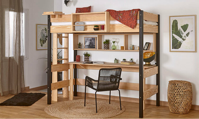 Lit mezzanine Donnell bois et noir (bureau et rangement en option)