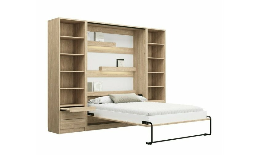 Lit escamotable Slne ouvert avec bureau chne clair avec son clairage LED