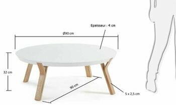 Dimensions table basse ronde en frêne Massy coloris blanc