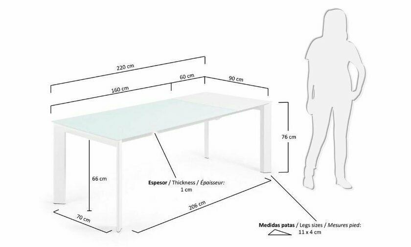 Dimensions table extensible 160x90 shirley blanche