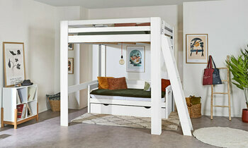Lit mezzanine blanc 200x200 cm Palomar avec banquette en option