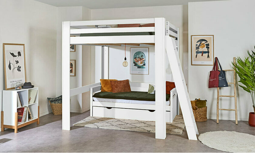 Lit mezzanine blanc 200x200 cm Palomar avec banquette en option