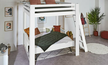 Lit mezzanine blanc 200x200 cm Palomar avec banquette Nuage ouverte en option