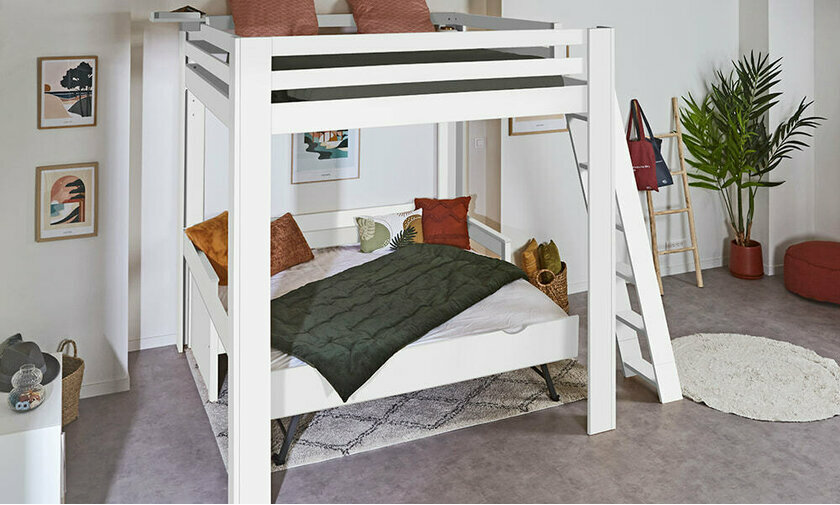 Lit mezzanine blanc 200x200 cm Palomar avec banquette Nuage ouverte en option