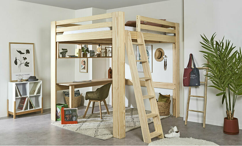 Lit mezzanine Palomar avec bureau inclus couleur bois