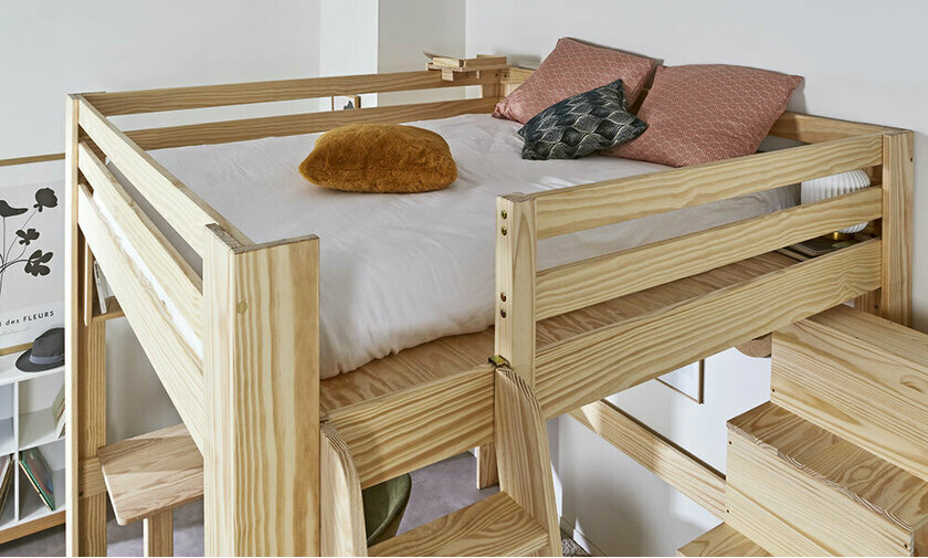 Grand lit mezzanine bois 200x200 cm