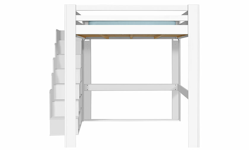 Lit mezzanine Palomar en blanc de face avec escalier  gauche