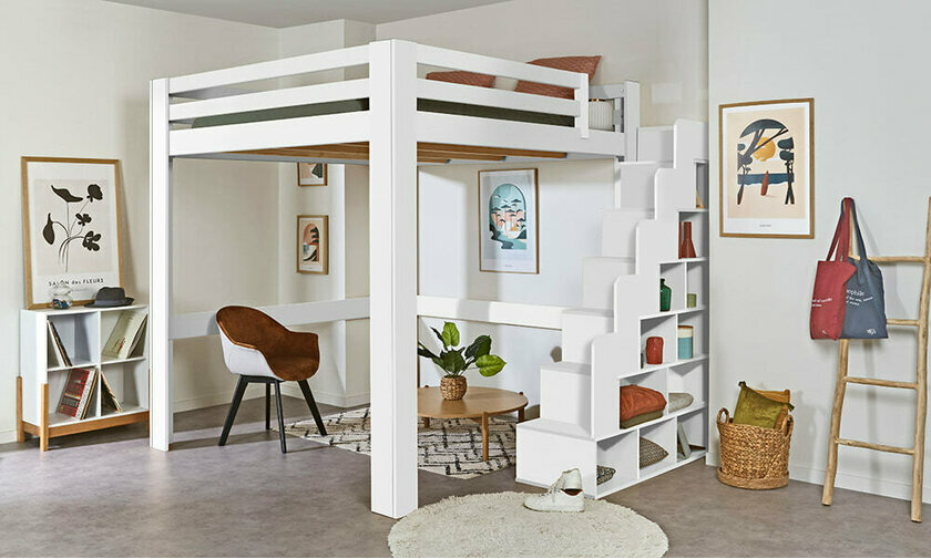 Lit mezzanine blanc 200x200 avec escalier rversible