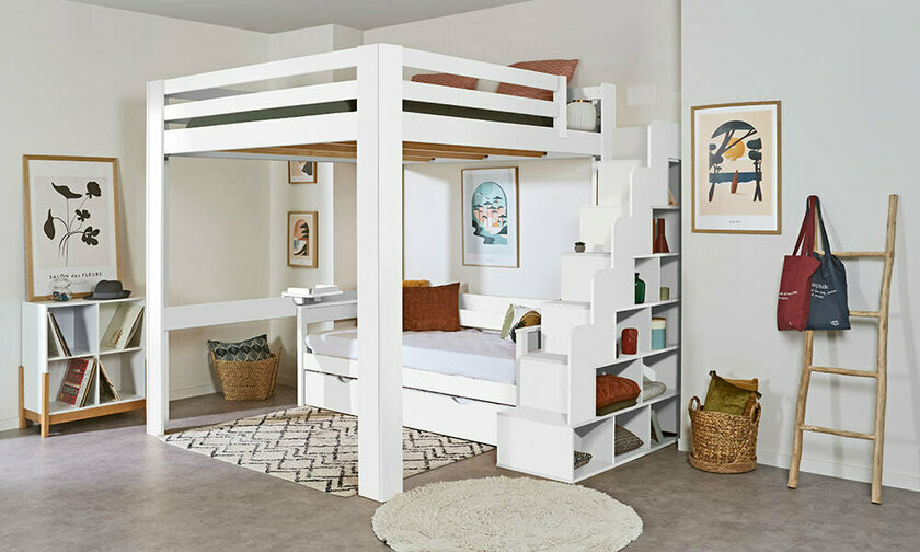 Lit mezzanine blanc avec banquette gigogne Nuage en option
