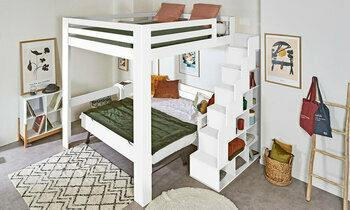 Lit mezzanine blanc avec banquette gigogne Nuage dplie en option