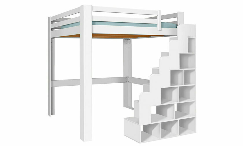 Lit mezzanine Palomar en blanc avec escalier  droite