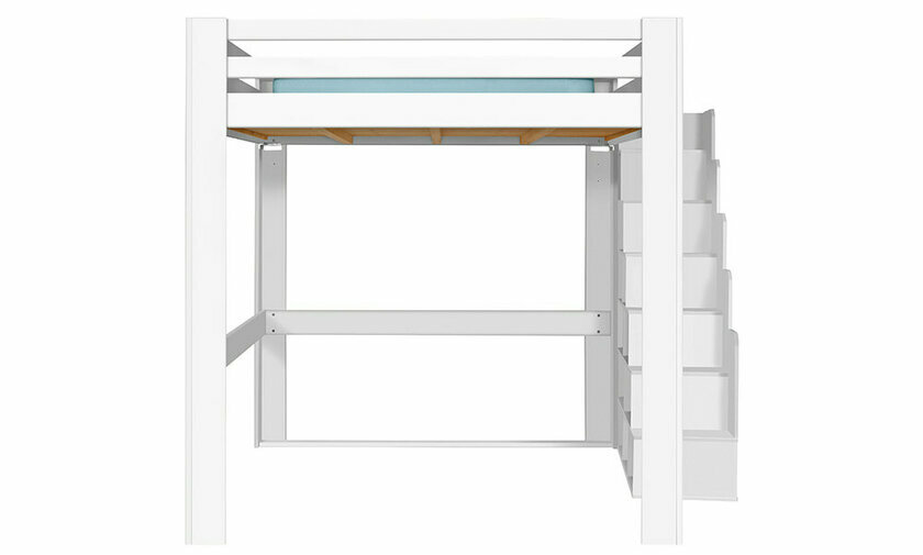 Lit mezzanine Palomar en blanc de face avec escalier  droite