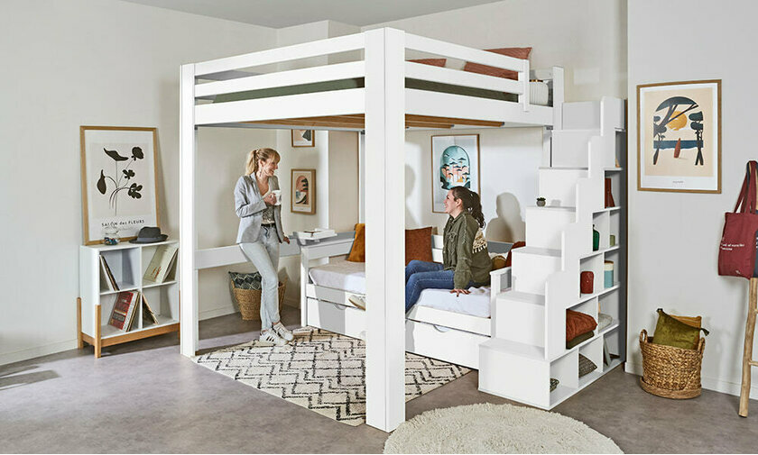 Lit mezzanine blanc 200x200 avec escalier
