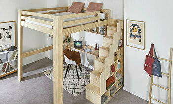 Lit mezzanine bois 200x200 avec escalier et bureau Palomar