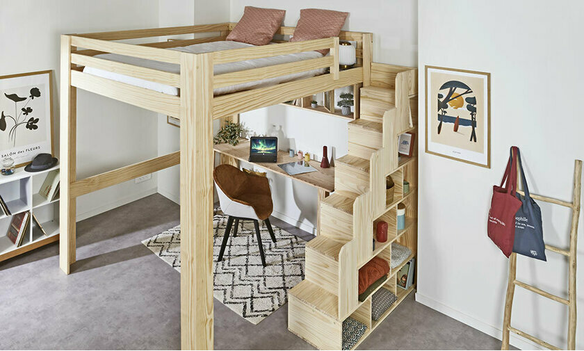 Lit mezzanine bois 200x200 avec escalier et bureau Palomar