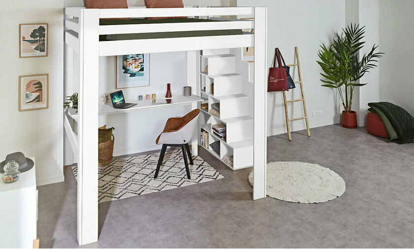 Lit mezzanine blanc 200x200 avec escalier et bureau Palomar