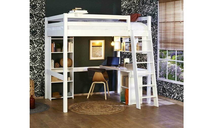 Lit mezzanine 2 places blanc chelle grand ct (bureau et rangements en option)