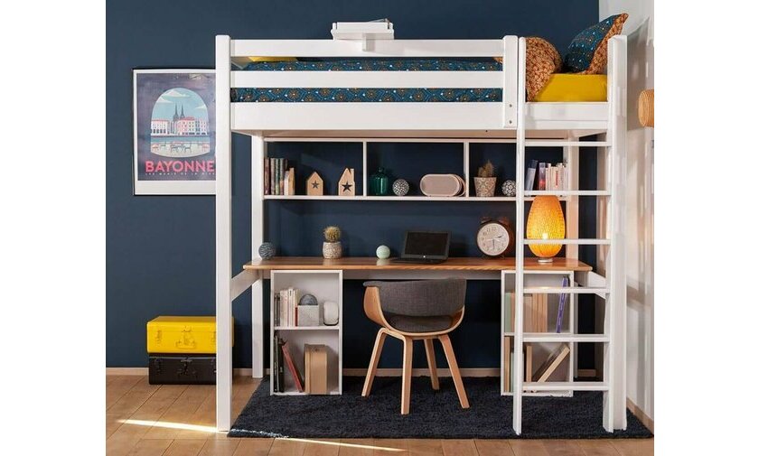 Lit mezzanine 1 place blanc chelle grand ct (bureau et rangements en option)