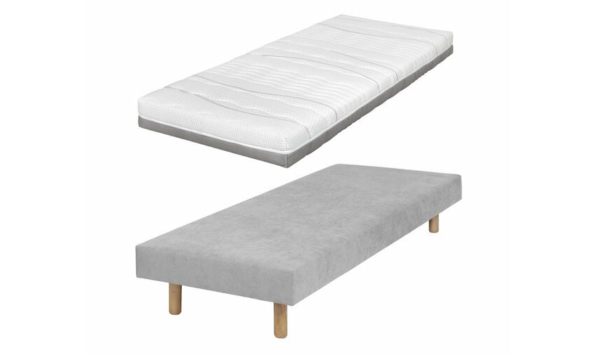  Sommier gris Lena avec pieds bois et matelas Arno