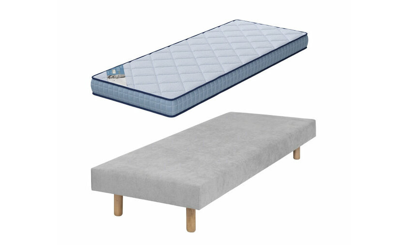 Sommier gris Lna avec pieds bois et matelas Feevah 80x200
