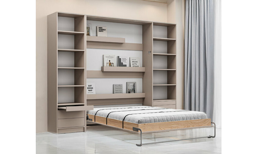 Lit escamotable 2 places taupe gain de place