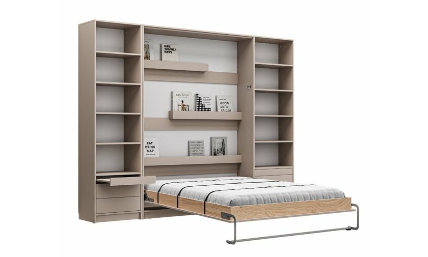 Lit escamotable taupe Helios avec ses deux colonnes de rangement ferm