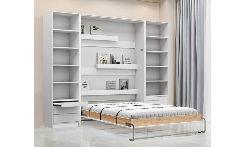 Lit escamotable 2 places blanc gain de place